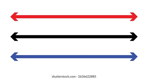Long arrows icon set. Arrows pointing both ways, illustration, vector on white background. Vector illustration. Red, black and blue arrow vector set. Eps-10.