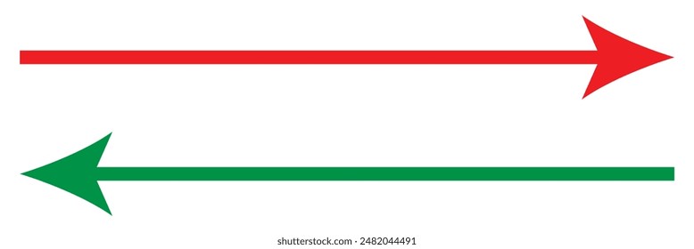Long arrows icon set. Vector set of trendy long arrows Green left and Red right in flat style.  Straight long right vector arrow icon. Icons isolated. Vector illustration. Eps file 17.