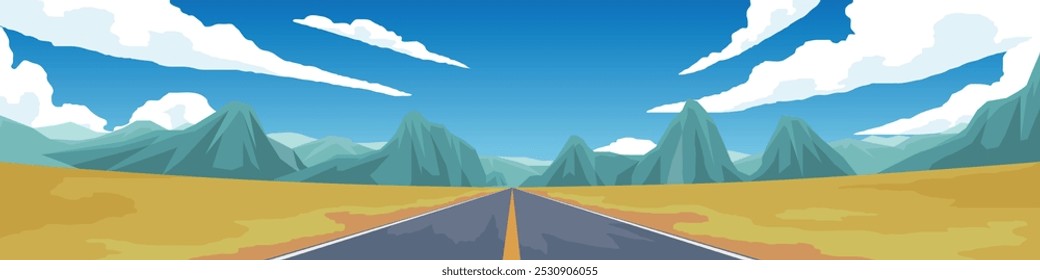 Long asphalt road that stretches as far as the eye can see. Amidst the golden fields and lush mountains. Surrounding atmosphere is full of peace and shady. Drive to relax at the vacation home.