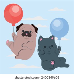 Long awaited gift, surprise. Shot with cute little puppy kitten flying on pink balloon over blue background. The most cute gift ever. Concept of pets, summer, celebration, childhood, friendship,