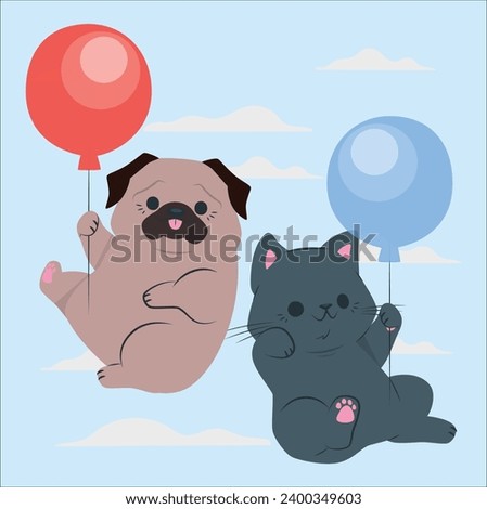 Long awaited gift, surprise. Shot with cute little puppy kitten flying on pink balloon over blue background. The most cute gift ever. Concept of pets, summer, celebration, childhood, friendship,
