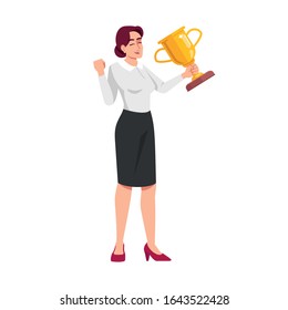 Long awaited prize semi flat RGB color vector illustration. Businesswoman excited with golden trophy isolated cartoon character on white background. Winning in business competition concept