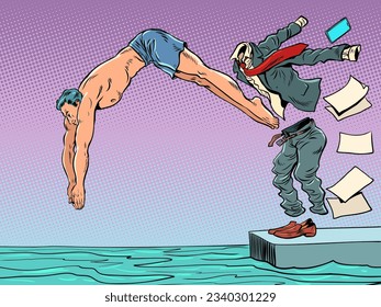 Long awaited vacation. Breaking free from office shackles. A business man takes off his clothes and jumps into the water. Pop Art Retro Vector Illustration Kitsch Vintage 50s 60s Style