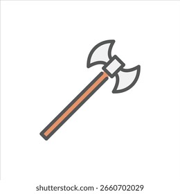 Icono de contorno lleno de hacha larga. ilustración de línea de color de hacha medieval.