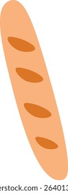 A long baguette with four slices in a flat, clean style. The bread is elongated and features distinct cut marks. Cartoon vector illustration.