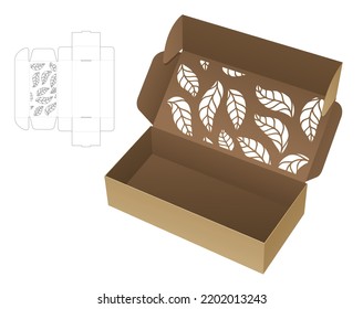 Long Bakery Box With Stenciled Leaf Pattern Die Cut Template And 3D Mockup