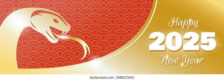 Long banner, background poster with the New Year 2025 snake. In golden Chinese style. Vector graphics.