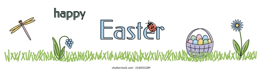Long banner for celebration and congratulations on Easter. Blueberries, chamomile and basket with eggs on the ground in grass. Dragonfly in the sky. Ladybug on the text "Happy Easter!"