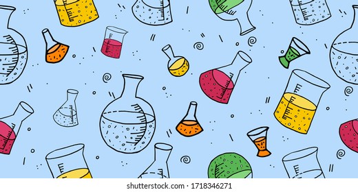 Long banner with chemical flasks and glasses in a cute cartoon style. Day of chemistry, metrology, science. Vector illustration.