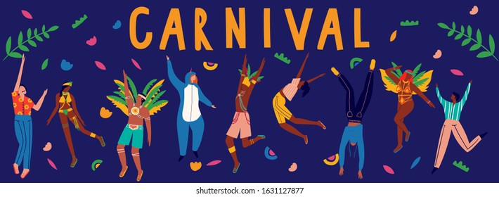 Long banner with dancing people in carnival costumes. Card for carnival in Brazil. Memphis background. Concept of festival, party.Design element for banner, poster, card.Flat vector illustration