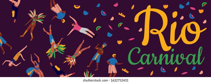 Long banner with dancing people in carnival costumes. Card for carnival in Brazil. Memphis background. Concept of festival, party.Design element for banner, poster, card.Flat vector illustration