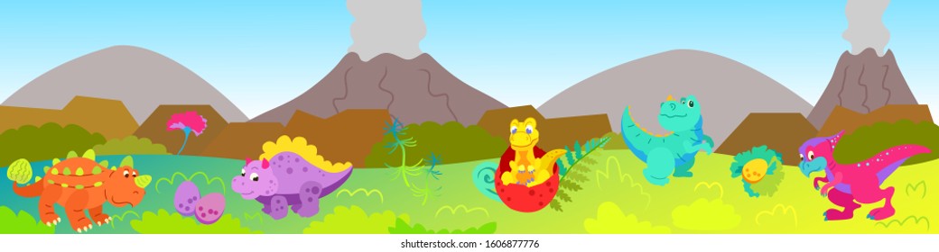 Long banner with dinosaurs. Prehistoric times. Poster with dinosaurs in cartoon style. Bright banner