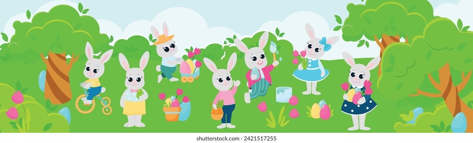 Long banner Easter bunnies boys and girls are on the lawn with decorative eggs and flowers. Mood of joy and celebration. Spring illustration in cartoon style.