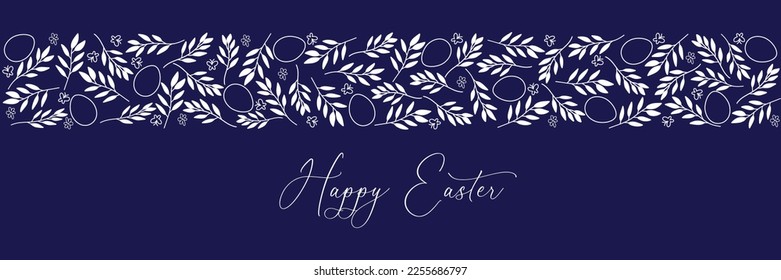 Long banner for Easter on dark background. Happy Easter banner with hand draw elements. Vector illustration.