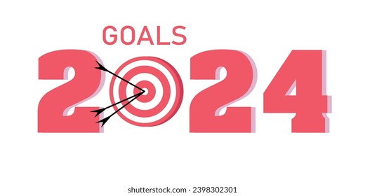 Long banner with figure 2024, word GOALS and dart board on pink 
