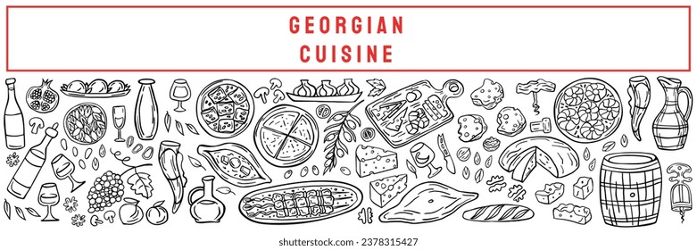 Long banner of Georgian cuisine on a white background. Traditional Georgian food: khachapuri, khinkali, wine, kebab, nuts, fruits, bread. Vector illustration