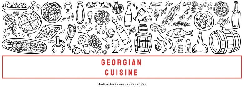 Long banner of Georgian cuisine on a white background. Traditional Georgian food: khachapuri, khinkali, wine, kebab, nuts, fruits, bread. Vector illustration