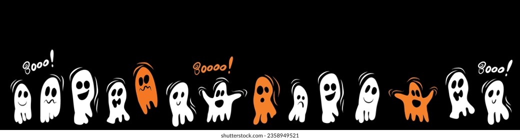 Long banner of ghost characters emoticons on black background. Vector illustration. Halloween banner. Template for banner, poster, flyer, greeting card.