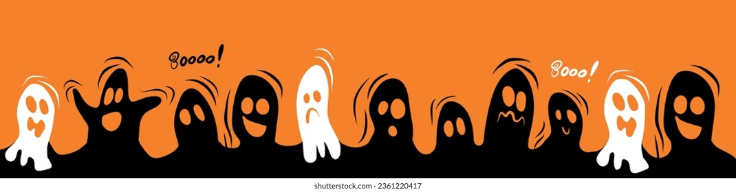 Long banner of ghost characters emoticons on orange background. Vector illustration. Halloween banner. Template for banner, poster, flyer, greeting card.