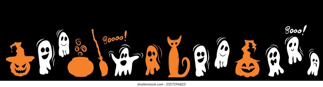Long banner of Halloween - ghost, pumpkins, cat, bat on black background. Vector illustration. Halloween banner. Template for banner, poster, flyer, greeting card.