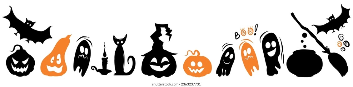 Larga pancarta de Halloween - fantasma, calabazas, gato, murciélago de fondo blanco. Ilustración vectorial. Cartel de Halloween. Plantilla para banner, afiche, volante, tarjeta de saludo.