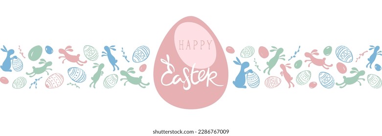 Long banner -- Happy Easter. Funny background, vector illustrations in a cartoons style.	