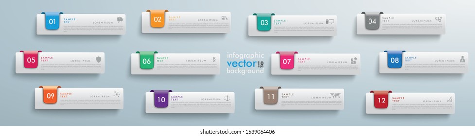 Long banner infographic with 12 tabs on the gray background. Eps 10 vector file.