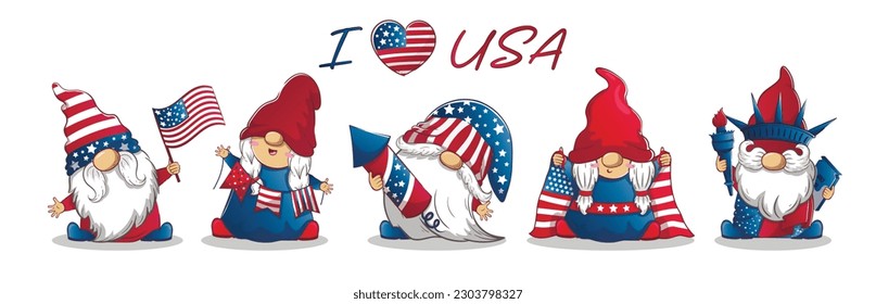 Long banner for July 4th Independence Day with cute patriotic gnomes and the inscription I love USA