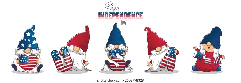 Long banner for July 4th independence day with cute patriotic leprechauns. Vector illustration of cartoon holiday leprechauns