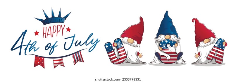 Long banner for July 4th Independence Day with cute patriotic leprechauns holding capital letters USA. Vector illustration of cartoon holiday leprechauns