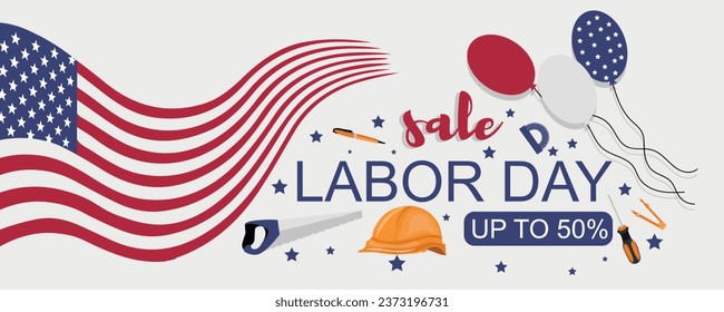 Long banner for Labor Day Sale with USA flag, balloons and tools