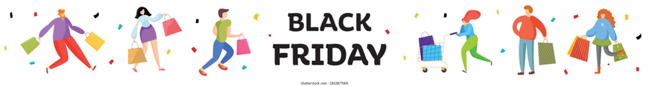 Lange Banner am schwarzen Freitag. Die Leute überstürzen den Einkauf. Vektorgrafik flache Menschen beim Einkaufen. Verkauf und 
Coupons.