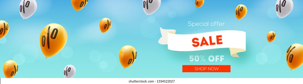 Long banner with Sale, discount offer. Yellow balloons flying in blue sky with sign of percent. Ad of sales actions. Vector 3d illustration. Creative design for discounts actions in shop and markets