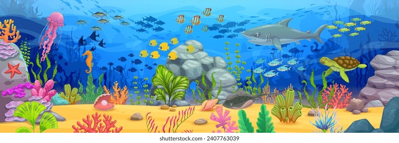 Long banner with sea underwater landscape. Cartoon shark and turtle, fish shoals, seaweeds and corals on sand bottom vector background. Blue water waves with jellyfish, seahorse, starfish, stingray