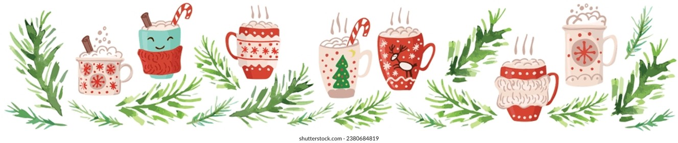 Lange Banner - Set von Weihnachtsbaumbranchen, Winterheiße Getränke auf weißem Hintergrund. Flaches Design. Vektorgrafik. Frohe Weihnachten. Frohes neues Jahr.