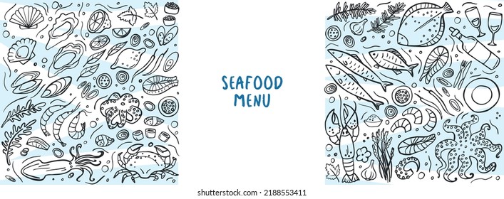 Long banner of set doodle seafood on white-blue background. Vector illustration. Perfect for dessert menu or food package design.