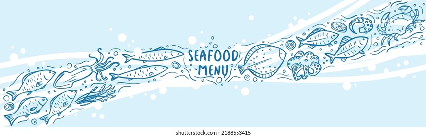 Long banner of set doodle seafood on blue background. Vector illustration. Perfect for dessert menu or food package design.