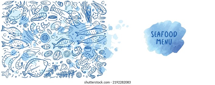 Long banner of set doodle seafood on white blue background. Vector illustration. Perfect for dessert menu or food package design.