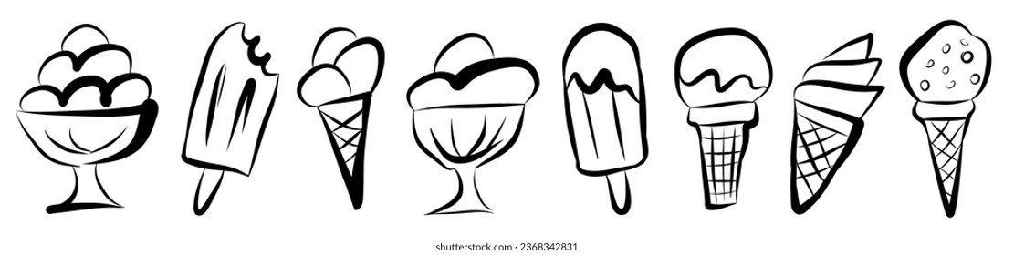 Long banner - set of Ice cream outline icons on white background. Balls in waffle cone, soft serve sundae in glass, popsicle on stick. Vector illustration. Perfect for design, print, menu.