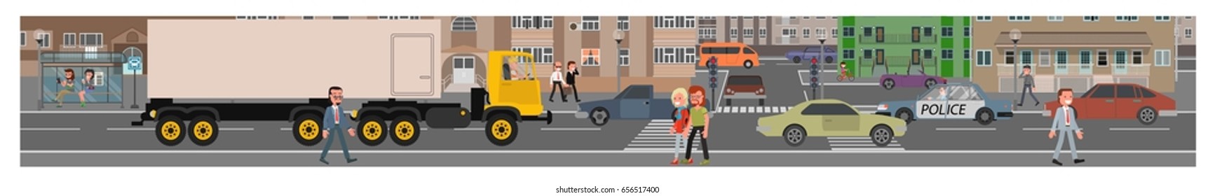  A long banner. Street of the big city. Vector illustration, a flat style design