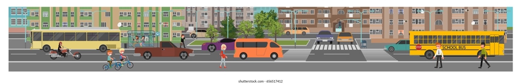  A long banner. Street of the big city. Vector illustration, a flat style design