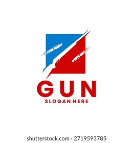 Pistola de cañón largo con Plantilla de Vector de diseño de logotipo cuadrado y balas