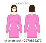 Long Barrel sleeves Bag long length clothes character lady in dress, top, shirt technical fashion illustration with fitted body. Flat apparel template front, back sides. Women, men unisex CAD mockup