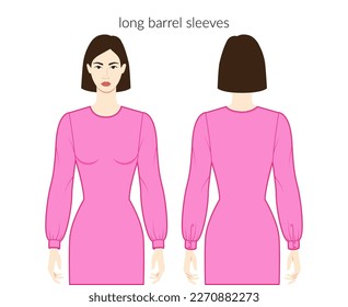 Long Barrel sleeves Bag long length clothes character lady in dress, top, shirt technical fashion illustration with fitted body. Flat apparel template front, back sides. Women, men unisex CAD mockup