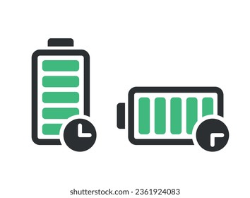 Long battery life icon in flat style. Battery charging process vector illustration on isolated background. Accumulator recharge sign business concept.