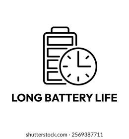 Long battery life icon set. Long battery life logo, label, badge, symbol, banner, line, flat vector, isolated illustration. Long lasting icons. Long battery life label for product packaging design.