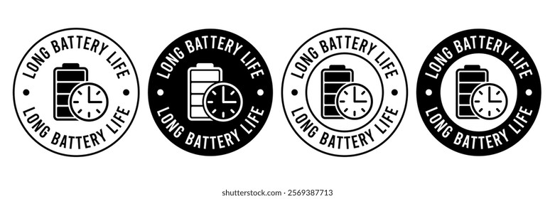 Long battery life icon set. Long battery life logo, label, badge, symbol, banner, line, flat vector, isolated illustration. Long lasting icons. Long battery life label for product packaging design.