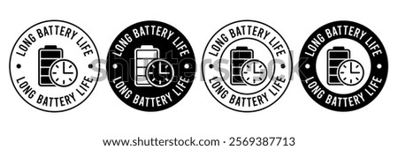 Long battery life icon set. Long battery life logo, label, badge, symbol, banner, line, flat vector, isolated illustration. Long lasting icons. Long battery life label for product packaging design.