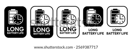 Long battery life icon set. Long battery life logo, label, badge, symbol, banner, line, flat vector, isolated illustration. Long lasting icons. Long battery life label for product packaging design.