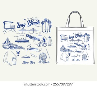 Long beach California activities vector artwork, Long beach vacation design, Fabric bag print design, beach holidays elements vector illustration 